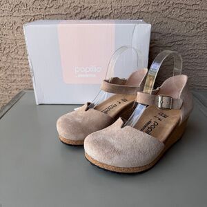 Papillio Birkenstock Mary Wedge Women’s 38EU or 7US Narrow Warm Sand Suede NEW
